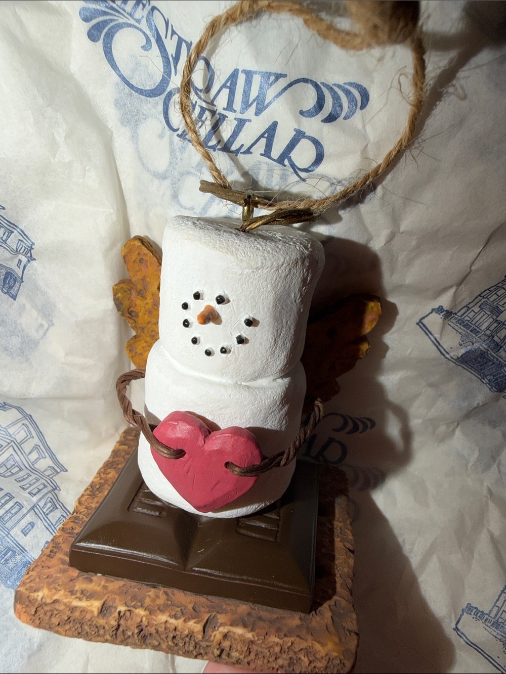 2004 NEW Handcrafted White Marshmallow Snowman Ornament w/Pink Heart -Holiday